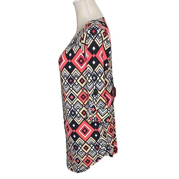 Cocomo Black, White, Coral & Khaki Geometric Patterned Tunic w/ Rolled Sleeves S - Picture 2 of 5